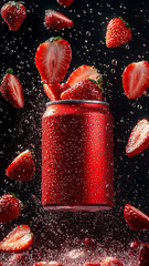 facing camera, sliced fresh strawberries in the air scattered, front on camera shot, can hovering in an abstract vibrant space surrounding the can, wet, them of strawberry colours, thirsty, liquid,