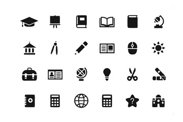 Education and Learning Icons: Collection of detailed, clean, and precise icons representing essential tools and symbols associated with education, learning, and academic pursuits. 