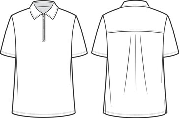 CAD drawing flat vector illustration of men's polo shirt with zipper front, short sleeves, and back pleat garment fashion sketch