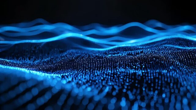 abstract blue digital particle wave technology landscape on a black background