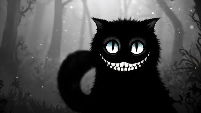 Cheshire Cat Whimsical Silhouette with Bright Smile in Foggy Forest