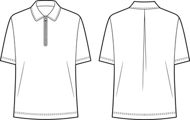 CAD drawing flat vector illustration of half sleeve polo shirt with zip collar, front and back technical sketch for fashion design