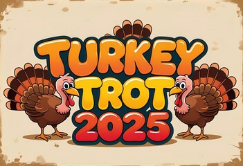 Colorful Cartoon Turkeys with Playful Letters for Turkey Trot 2025 Event