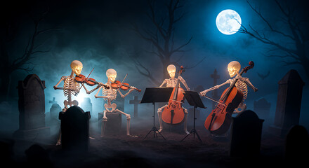 Fototapeta premium Skeleton Orchestra Performing in a Graveyard with Glowing Instruments and Foggy Lighting
