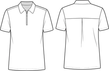 CAD drawing flat vector illustration of men’s zipper polo shirt with short sleeves, shoulder panel, and back pleat design template