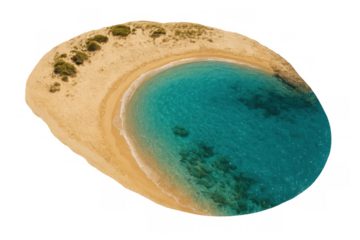 Aerial view revealing isolated oval tropical island, turquoise waters surrounding immaculate white sandy shoreline with transparent background