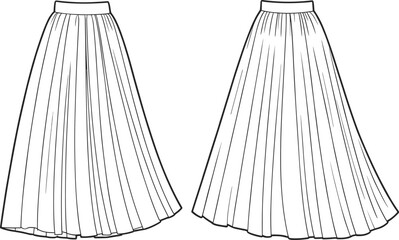 CAD drawing flat vector illustration of elegant long pleated skirt with waistband, technical front and back fashion design sketch