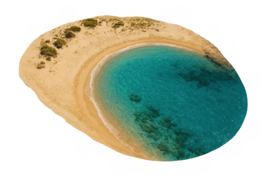 Aerial view revealing isolated oval tropical island, turquoise waters surrounding immaculate white sandy shoreline with transparent background