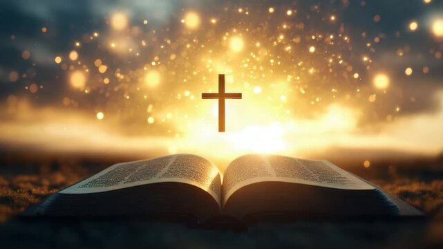 Open book with glowing cross above warm light and bokeh background creating peaceful spiritual atmosphere filled with faith hope and religious scripture glowing light