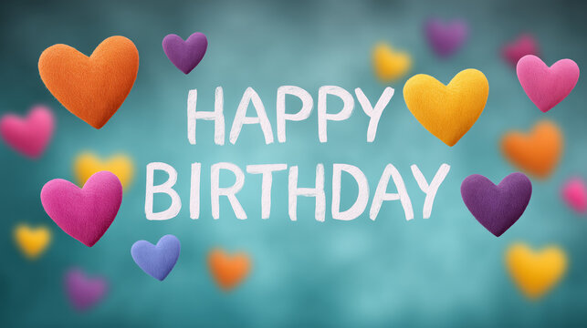 Happy birthday greeting card with colorful fuzzy hearts on a blue background - Powered by Adobe