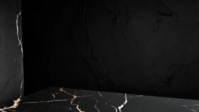 Elegant black marble stone surface with golden veins against a textured dark wall backdrop, perfect for product presentation