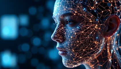 Digital Wireframe Face with Glowing Lines Replacing Human Face – AI Transformation Background