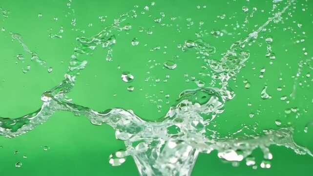 Clear water splash, dynamic liquid movement, with droplets on green screen background, chroma key effect for video compositing.
