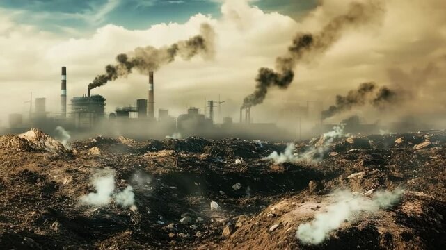 Industrial pollution smoke factory wasteland environmental damage air toxic barren land pollution smog dark smoke stacks emitting fumes over debris creating dramatic polluted atmosphere and air