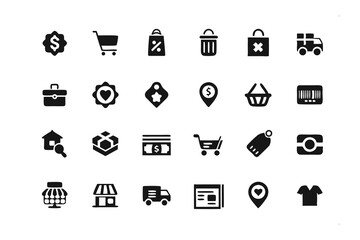 E-commerce Icons: A collection of stylish and recognizable e-commerce icons designed for ease of use, encompassing shopping cart, delivery, and payment symbols, and more.