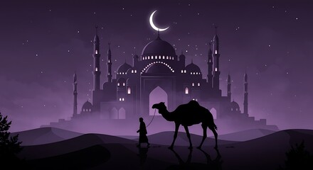 Arabian Nights: Silhouette of Camel and Guide Before a Majestic Mosque Under Crescent Moon