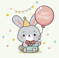 Cute Bunny Holding “Happy Birthday” Balloon and Gift Vector