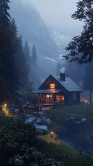 
A small, cozy cabin nestled in the mountains, with a misty rain falling gently at night. Photorealistic and highly detailed.