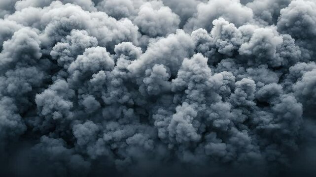 Dense gray smoke cloud with thick, billowing plumes fills sky creating dramatic, intense atmosphere in powerful natural or industrial scene conveying sense of movement and power