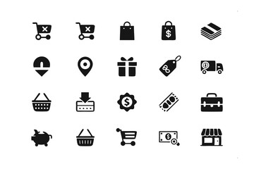E-commerce Icons: Simple yet impactful black icons represent the world of online shopping, from shopping carts to delivery trucks, set against a canvas of possibility.