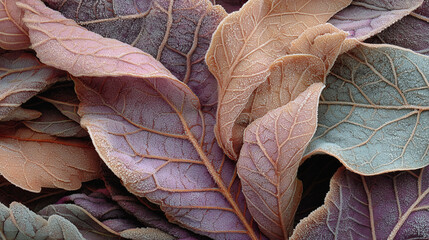 Frost-Covered Autumn Leaves in Pastel Colors, Background Texture Wallpaper