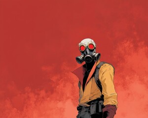 A figure in a respirator against a fiery backdrop