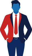 Vector silhouette of a man with hands in pockets, wearing business attire with white background.