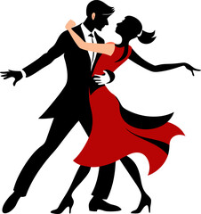 Vector silhouette of a couple dancing tango in elegant pose with white background.