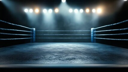 Empty boxing ring in sports arena with spotlight shining on textured floor, creating dramatic atmosphere for martial arts training, combat fighting, and intense competition gym event - Powered by Adobe