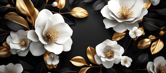 Elegant white flowers and gold leaves on dark background