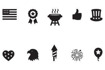 4th of July Objects and Eagle head Icon vector silhouette on white background