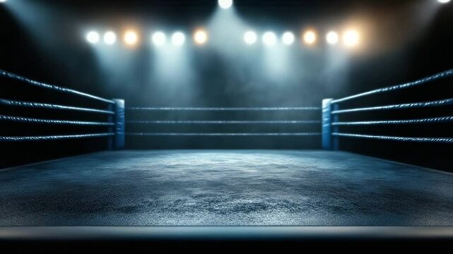 Empty boxing ring in sports arena with spotlight shining on textured floor, creating dramatic atmosphere for martial arts training, combat fighting, and intense competition gym event
