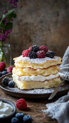 A stack of fluffy Ukrainian syrniki (cheese pancakes) dusted with powdered sugar, served with sour cream and fresh berries on a rustic plate. pancake