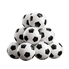 Soccer balls stacked in pyramid shape, showcasing classic black and white design, perfect for sports enthusiasts and playful activities