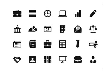Set of Icons: A compilation of classic business and office-related icons, artfully arranged to showcase versatility and appeal.  Perfect visual elements for presentations, web design.