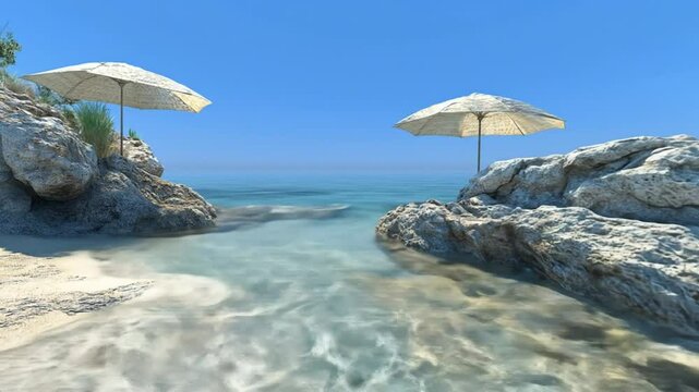 Secluded beach cove with two parasols