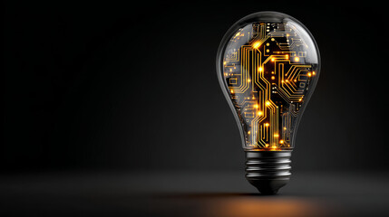 Futuristic light bulb with glowing yellow circuit design, showcasing innovation and technology in sleek, modern style