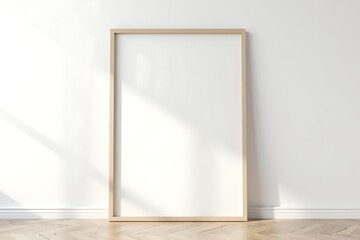 Blank frame mockup poster art print interior design light wood floor against white wall minimalist style home decor 