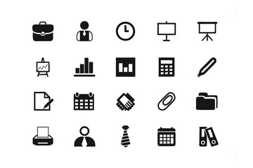 Office and Business Icon Set: A diverse collection of meticulously crafted icons represents the essentials of office and business operations.