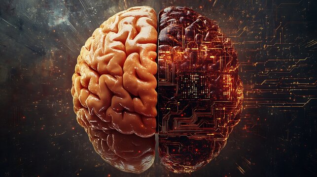 Human Brain Divided Into Organic And Electronic Sides Depicting Artificial Intelligence