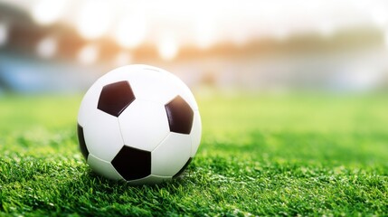 Fototapeta premium Classic black-and-white soccer ball on lush green artificial turf with traditional pentagon and hexagon pattern, warm golden sunlight bokeh, blurred sports field background, serene sporty atmosphere.