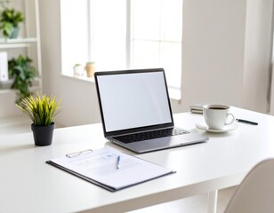 Sleek minimalist office desk with laptop, notebook, and coffee—ideal for remote work, corporate, and lifestyle projects