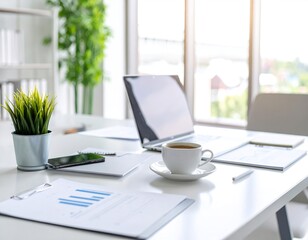 Clean, bright office desk setup with laptop, coffee cup, documents, and sunlight—perfect for productivity and business themes