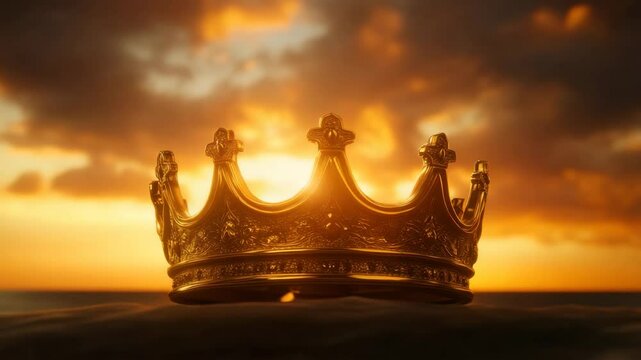 Golden crown with intricate design glowing warmly sunset sky symbolizing royalty power majestic glowing dramatic atmosphere and golden crown resting dark surface dramatic sunset sky showcasing
