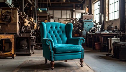 Teal Wingback Chair in Dusty Industrial Workshop with Comfortable Vintage Seating.