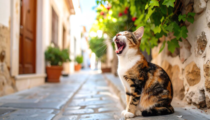A calico cat yawns on a sunny, cobblestone street lined with greenery and charming buildings, creating a peaceful atmosphere