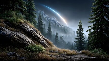 A faint blue light streak curving along the rugged terrain of a forested mountain, shrouded in night fog. 