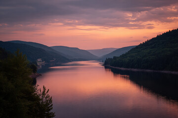 Fototapeta premium serene summer sunset over tranquil lake in new york with warm hues reflecting on water