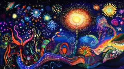 Cosmic, vibrant, fantasy landscape