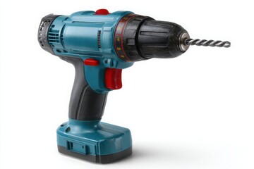 A teal and black cordless power drill with a metal drill bit attached to the chuck isolated on a white background